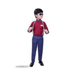 Boys' Crimson Red Dress Shirt with Royal Blue Suspenders and Trousers Set