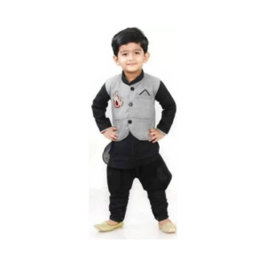 Boys' Modern Grey Waistcoat and Black Pathani Kurta Set