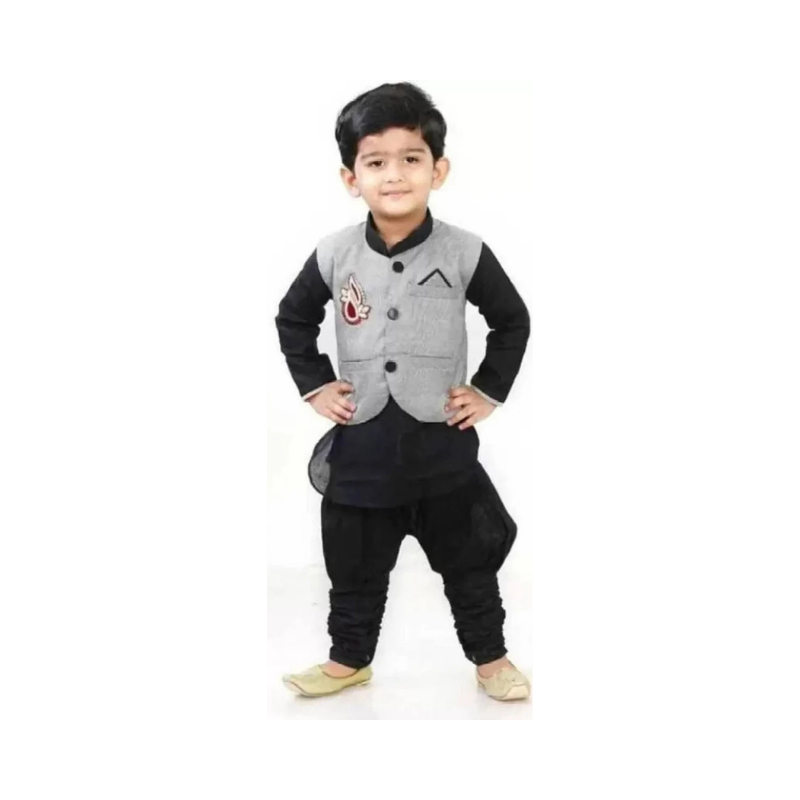 Boys' Modern Grey Waistcoat and Black Pathani Kurta Set