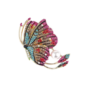 Vibrant Multi-Color Crystal Butterfly Brooch with Drop Pearl Detail