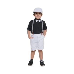 Boys' Black Dress Shirt and Pinstripe Shorts Suspenders Set with Newsboy Cap