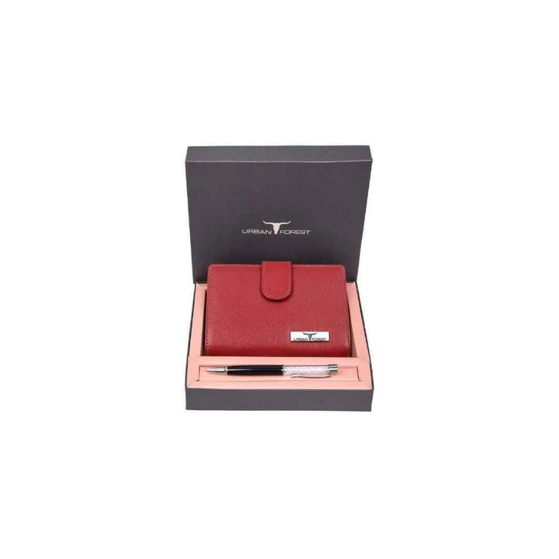 Urban Forest Premium Red Leather Wallet and Crystal Pen Gift Set