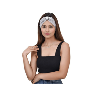 Elegant Pleated Gray Turban Headband with Crystal Flower Embellishment