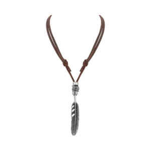 Vintage Silver Feather Pendant Double-Strand Brown Leather Cord Necklace