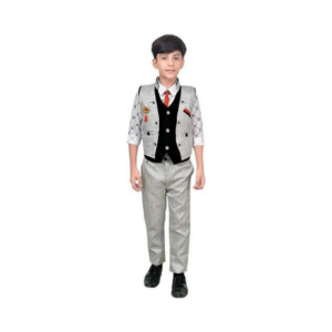 Boys' Light Grey Geometric Grid 4-Piece Waistcoat Suit Set