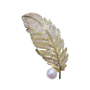 Shimmering Crystal-Paved Feather Brooch with Pearl Drop