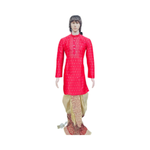 Men's Festive Hot Pink Embroidered Kurta with Traditional Printed Dhoti Set