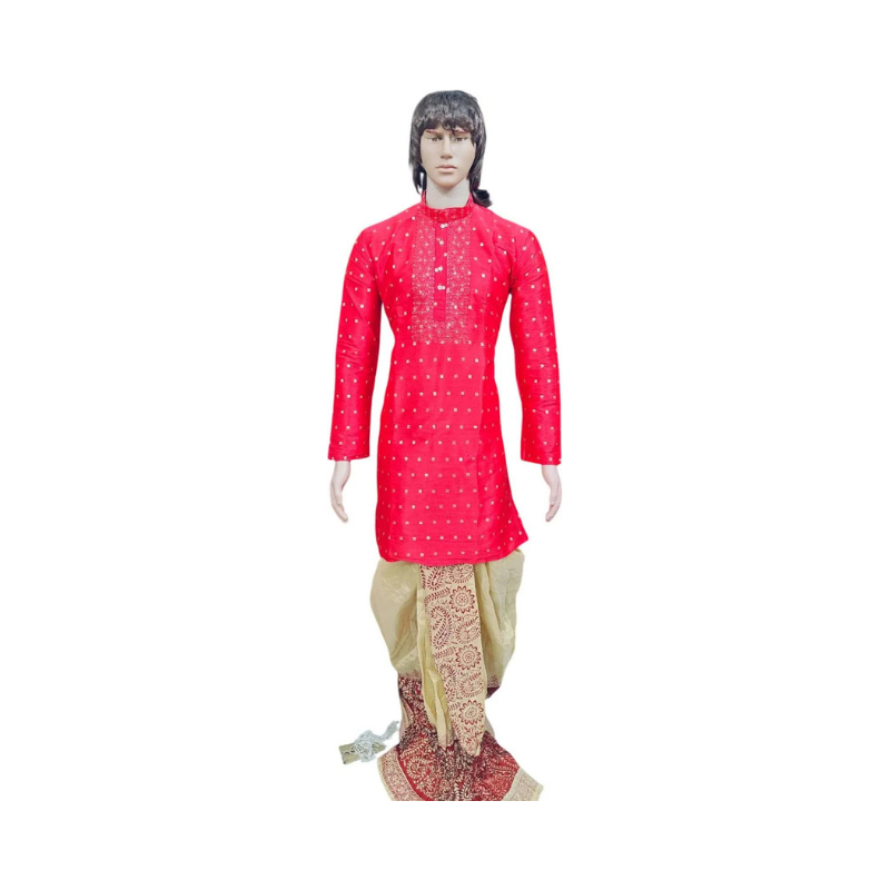Men's Festive Hot Pink Embroidered Kurta with Traditional Printed Dhoti Set