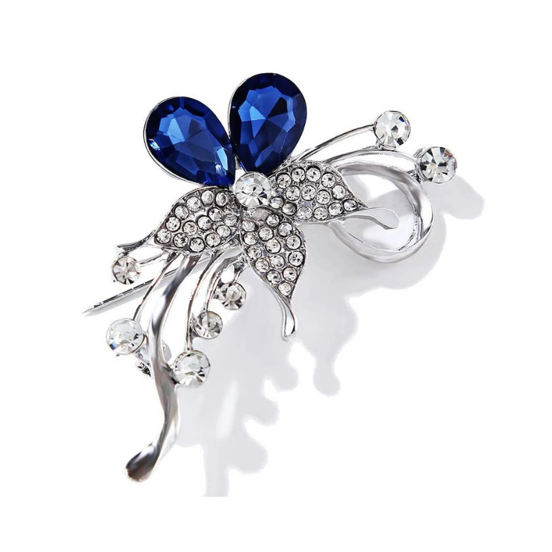 Royal Blue Crystal Floral Brooch with Silver Swirl Accents