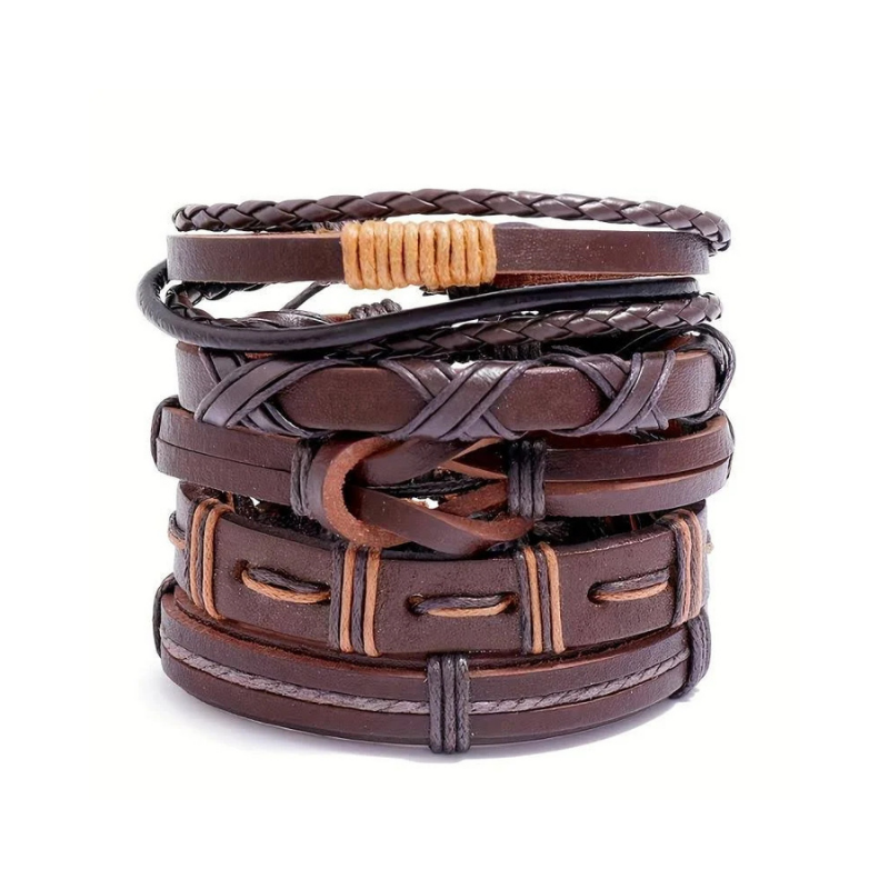 Multi-Layer Stacked Brown Leather Braided and Knotted Bracelet Set