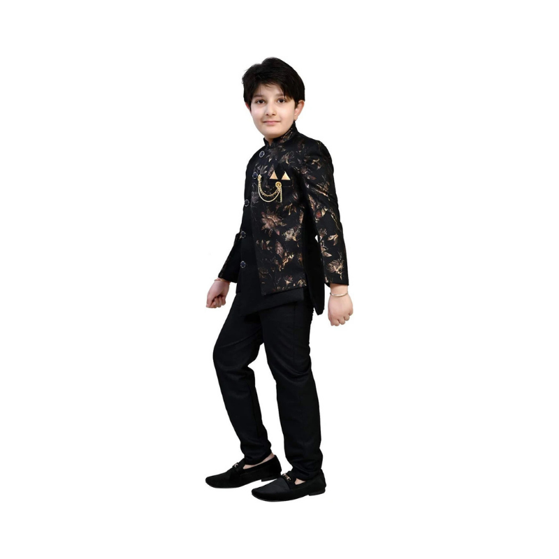 Boys' Regal Black and Gold Floral Brocade Jodhpuri Suit Set