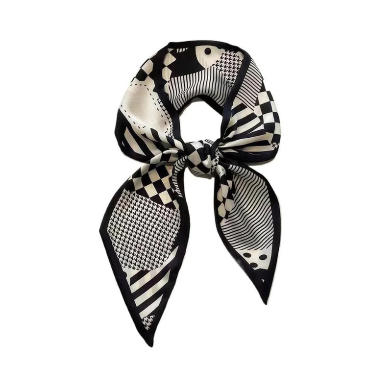 Retro Monochrome Geometric Silk-Satin Neck Scarf