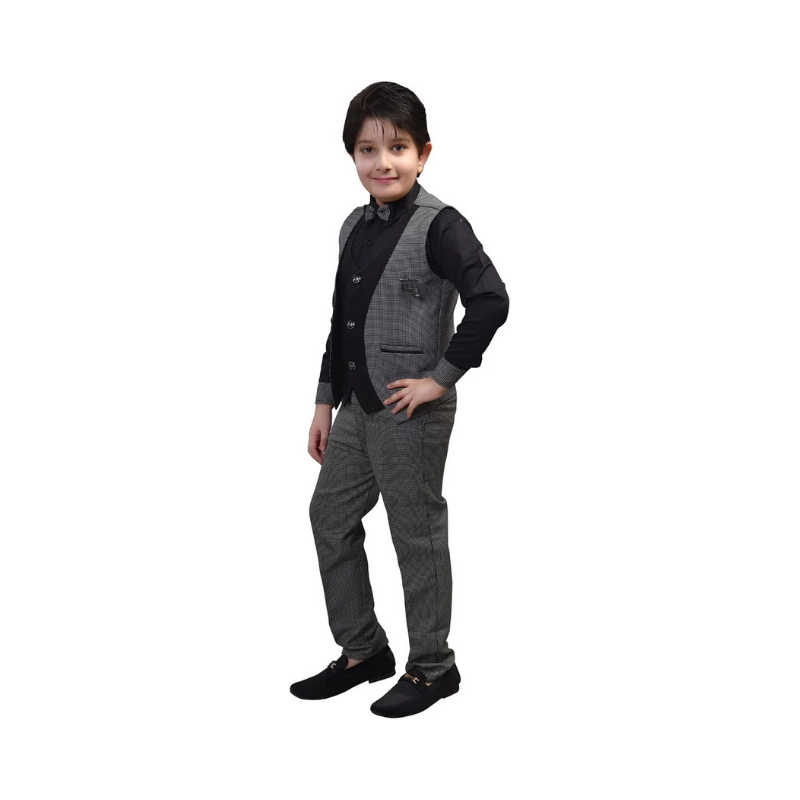 Boys' Sharp Charcoal Houndstooth 3-Piece Waistcoat and Bow Tie Suit Set