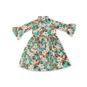 Girls' Vibrant Multi-Color Floral Print A-Line Dress with Bell Sleeves