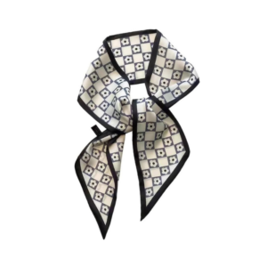 Vintage Mod Checkerboard and Daisy Print Satin Skinny Scarf