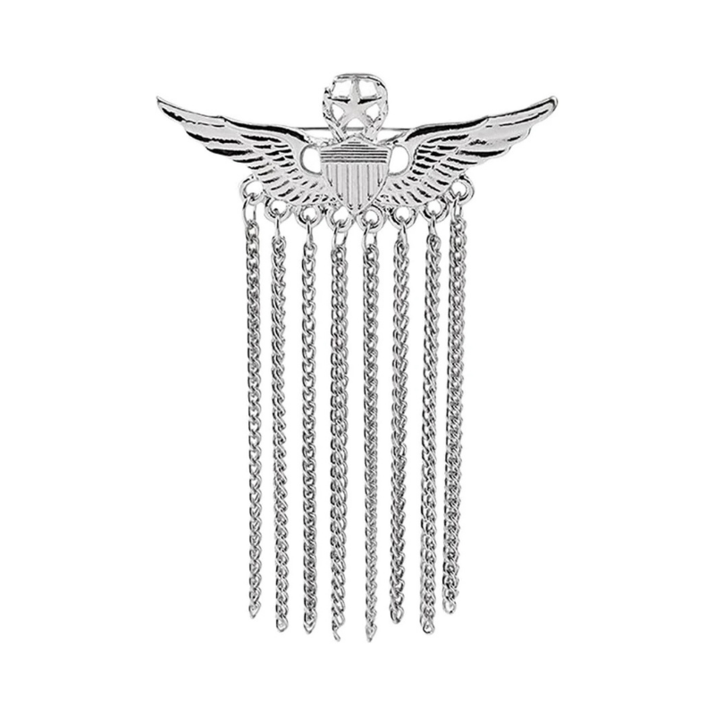 Silver Military-Style Winged Crest Brooch with Hanging Fringe Chains