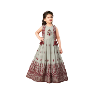 Girls' Mint Green and Maroon Embroidered Festive Anarkali Gown with Koti Vest