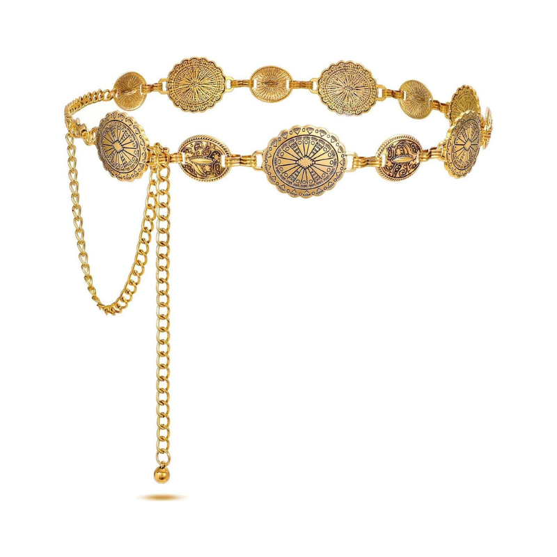 Antique Gold Boho Engraved Coin Link Chain Belt