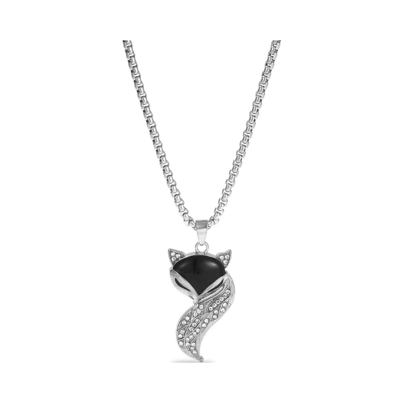 Silver Pavé Crystal Fox Pendant Necklace with Onyx-Black Accents
