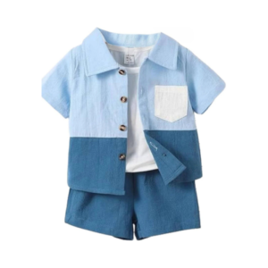 Toddler Boys' Sky Blue and Teal Color-Block Summer Shirt and Shorts Set