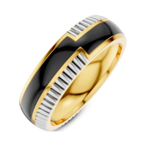 Two-Tone Gold and Silver Ribbed Band with Black Enamel Channel