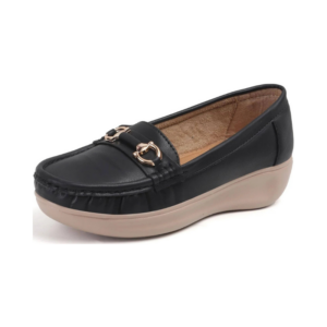 Women's Black Slip-On Loafers with Cushioned Wedge Sole