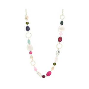 Boho-Chic Long Link Necklace with Multi-Color Organic Stone Beads
