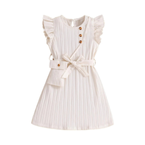 Girls' Cream Rib-Knit Pleated Dress with Flutter Sleeves and Side Purse