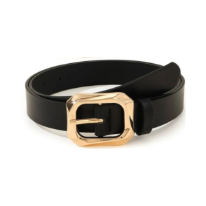 Sleek Onyx Black Leather Belt with Sculpted Gold Buckle