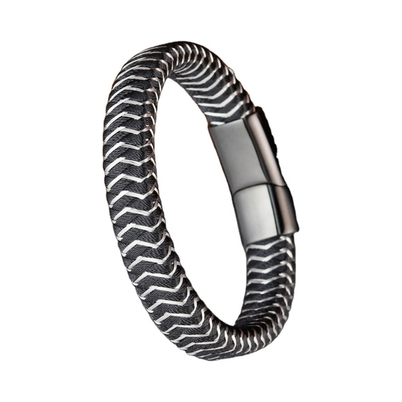 Two-Tone Braided Chevron Rope Bracelet with Matte Black Clasp