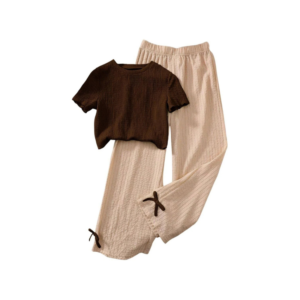 Girls' Two-Tone Chocolate and Cream Textured Knit Loungewear Set