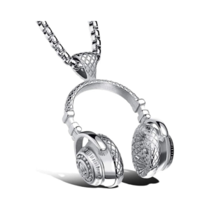 Polished Silver Sculptural DJ Headphone Pendant Box Chain Necklace