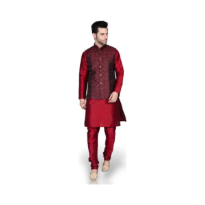 Men's Royal Maroon Silk-Finish Kurta Churidar Set with Embroidered Nehru Jacket