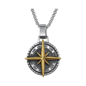 Antique Silver Compass Medallion Necklace with Gold Star Accent