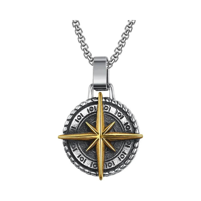 Antique Silver Compass Medallion Necklace with Gold Star Accent