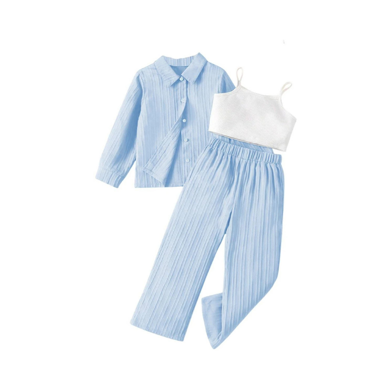Girls' Pastel Blue Three-Piece Ribbed Loungewear Set with Camisole