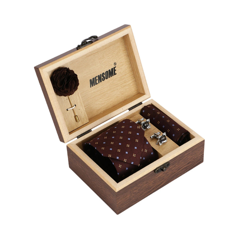 Luxury Dark Burgundy Geometric Pattern Necktie and Accessories Gift Set
