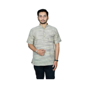 Men's Sage Green Textured Short-Sleeve Short Kurta