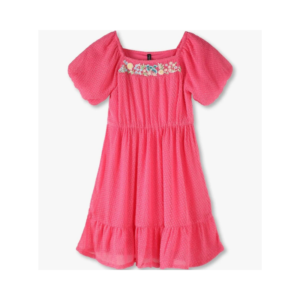 Girls' Fuchsia Pink Textured Smocked Dress with Floral Bodice Embroidery