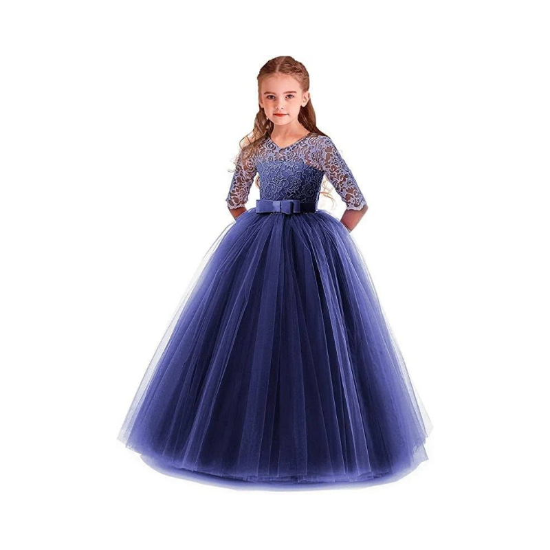 Girls' Slate Blue Sheer Lace and Tulle Formal Ballgown