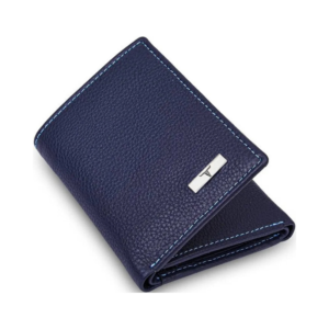 Pebbled Navy Blue Leather Bifold Wallet with Light Blue Contrast Stitching