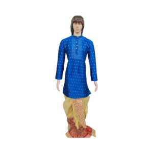 Men's Royal Blue Foil Print Kurta Set with Gold and Crimson Dhoti Pants