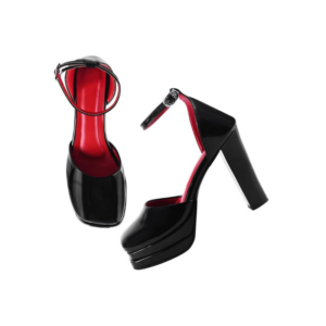 Women's High-Gloss Black Patent Leather Platform Block Heels with Red Interior