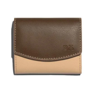 Two-Tone Khaki and Beige Textured Leather Flap Compact Wallet