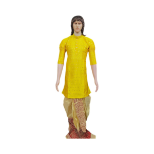 Men's Bright Mustard Yellow Embroidered Kurta with Gold and Crimson Dhoti Set