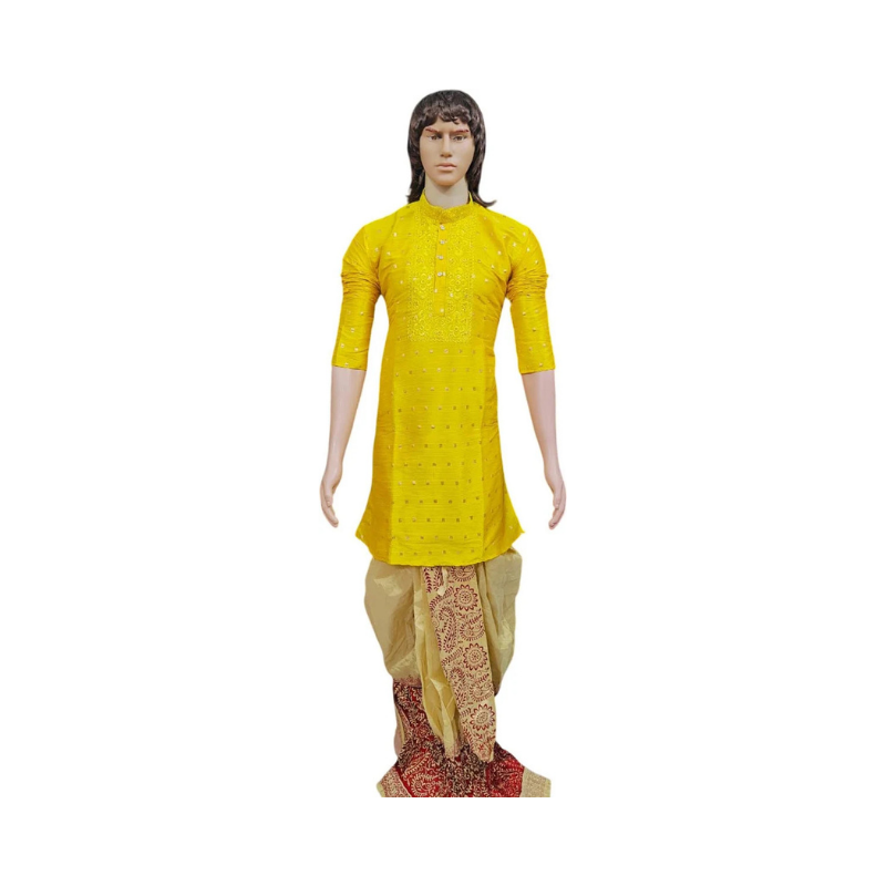 Men's Bright Mustard Yellow Embroidered Kurta with Gold and Crimson Dhoti Set