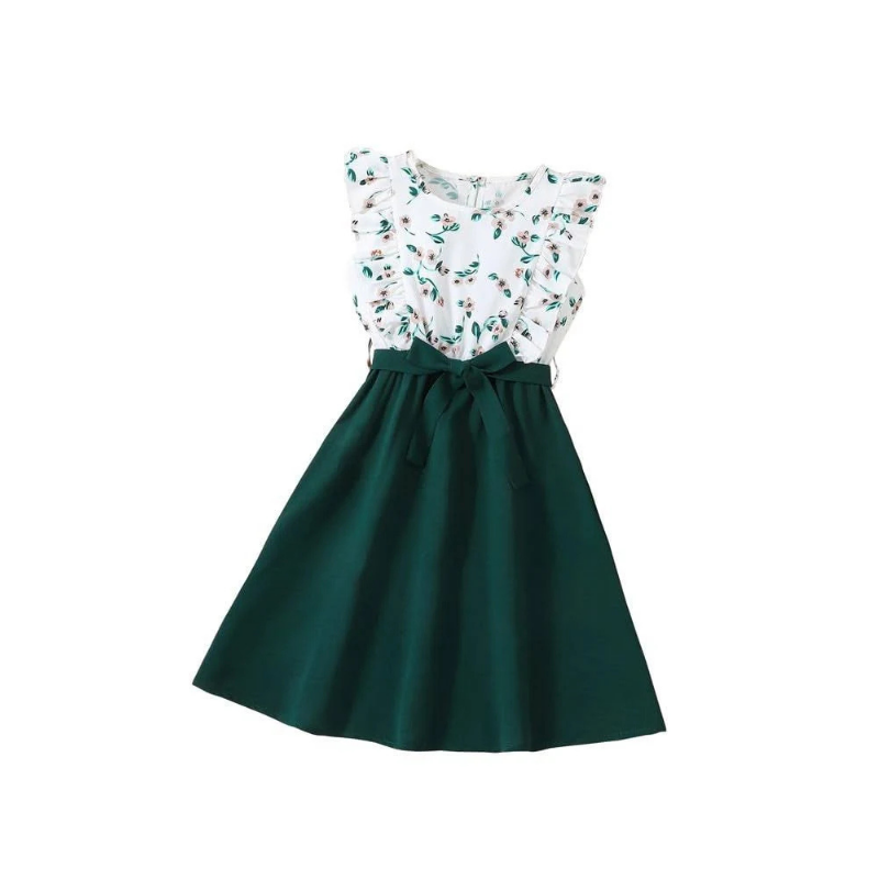 Girls' Emerald Green Floral Ruffle Dress with Satin Waist Tie
