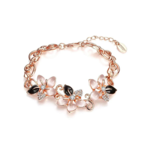 Romantic Rose Gold Floral Link Bracelet with Pink Opal Crystals