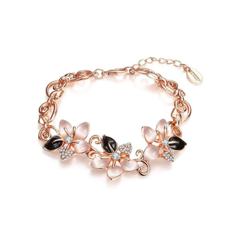 Romantic Rose Gold Floral Link Bracelet with Pink Opal Crystals