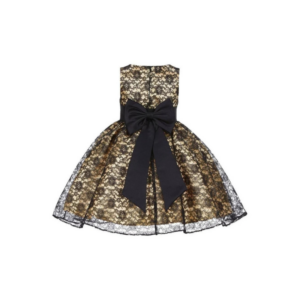 Girls' Black Gold Floral Lace Party Dress with Oversized Back Bow